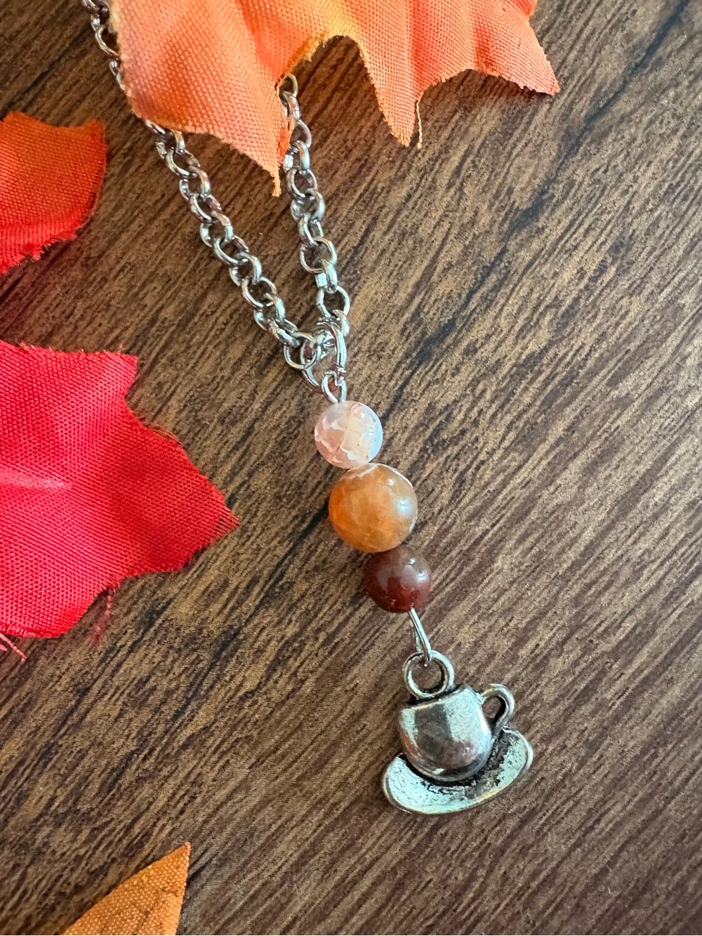 Coffee Teacup Pendant Necklace with Autumn Colored Agate Gemstone Beads